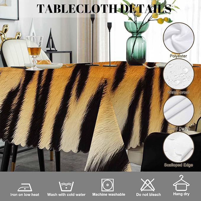 Swono Tiger Print Table Covers 52x70 Inch Wildlife Tiger Skin Brown Black Wipeable Tablecloth Kitchen Dinning Tabletop Decoration, Table Cloth for Outdoor and Indoor Use