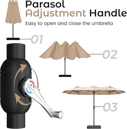 DomeShade 15ft Patio Umbrella with Base,Large Outdoor Double-Sided Rectangle Umbrella with Crank Handle, Market Umbrella for Poolside Garden Deck Backyard Beach Pools, Beige