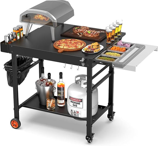 Grill Table for Pizza Ovens, Ninja Pizza Oven Table with Extendable Desk, Durable Outdoor Grill Cart Stand with Food Prep Topping Station for Patio, Backyard,43" L × 27" W