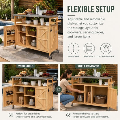 Outdoor Kitchen Island, 50.25" Rolling Grill Table with Storage Cabinet, 201 Stainless Steel Top Outdoor Bar Cart, Solid Fir Wood BBQ Prep Station with Adjustable Shelves, Spice Rack (Natural)