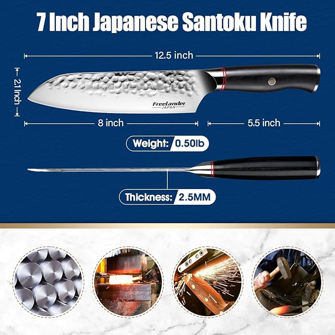 Freelander 7 Inch Chef Knife,Sharp Japanese Santoku Knife, High Carbon Stainless Steel Kitchen Knife, Professional Cooking Knife for Home and Kitchen with Ergonomic Handle
