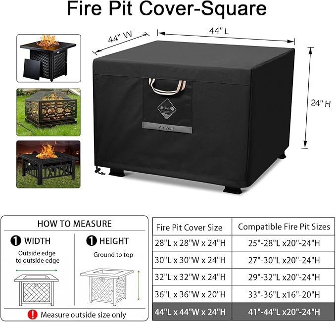 QH.HOME Fire Pit Cover Square Super Waterproof, 44" L x 44" W x 24" H Outdoor Firepit Table Cover 600D Strong Tear Resistant, UPF 50+ Fire Pit Cover Fading Resistant for Square Fire Pit - Black