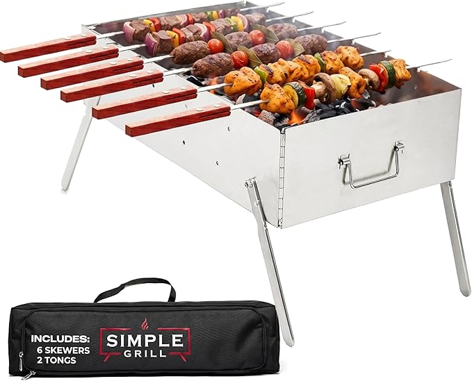 TSG Portable Stainless Steel Mangal Charcoal Grill For Shish Kebab, Steaks, Burgers | 20X12Inch| Includes 6 Skewers, 2 Tongs & Carry Bag | Foldable & Rustproof for Outdoor Cooking | Serves 8-12 People