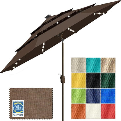 EliteShade USA 10-Year-Non-Fading 9ft 3-Tier Market Patio Umbrella, Commercial Table Umbrella with 80 Solar LED Lights, Crank Open, Windproof & UPF 50+ UV Protection for Garden, Deck, Pool, Backyard, Chestnut