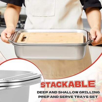 4 Pcs Grill Prep Trays Set Stackable Stainless Steel Grilling Prep and Serve Tray Includes 2 Deep Grill Platter, Shallow BBQ Serving Tray and Bamboo Cutting Board for BBQ Outdoor Grilling