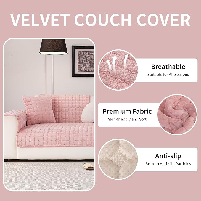 Velvet Couch Cover, Washable Sectional Sofa Cover, Anti Slip Sofa Slipcover for 3 Cushion Couch Sofa L Shaped Armrest Backrest, Furniture Protector Covers for Pets Kids(1PC,Pink,36"×47")