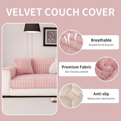 Velvet Couch Cover, Washable Sectional Sofa Cover, Anti Slip Sofa Slipcover for 3 Cushion Couch Sofa L Shaped Armrest Backrest, Furniture Protector Covers for Pets Kids(1PC,Pink,36"×47")