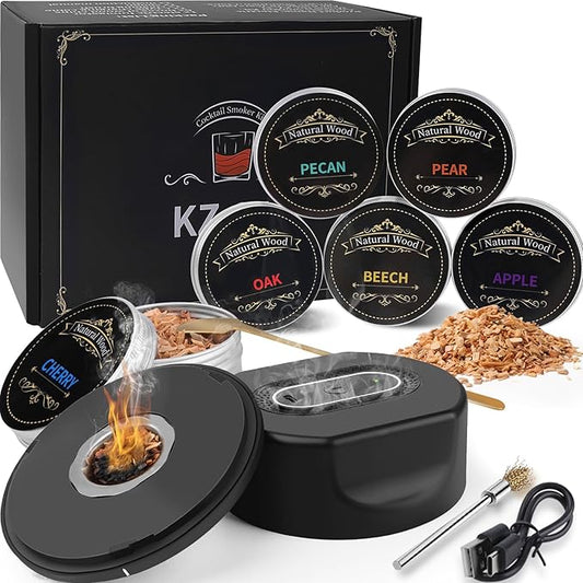 Electric Whiskey Smoker Kit – No Butane Needed with Built-in Ignition, Rechargeable Cocktail Smoker for Drinks, 6 Wood Chips, Gift for Men, Dad, Husband, Old Fashioned Bourbon Lovers