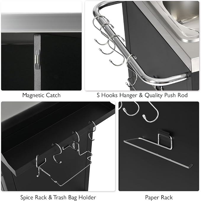 55.5" Outdoor Kitchen Island with Sink, Metal Grill Cart Table with 304 Stainless Steel Sink, Outdoor Bar Cart Sink Station with 4 Lockable Wheels and Storage Cabinet for BBQ Patio Garden (Black--@mi)