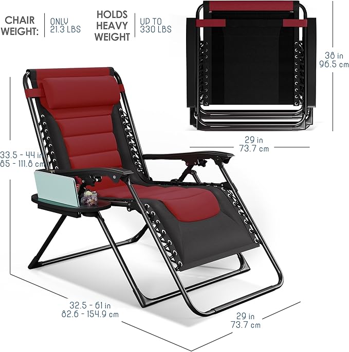 Nestl Padded Oversized Zero Gravity Chair, XL Outdoor Lounge Chair Set of 2 | Adjustable Headrest, Cup Holder & Side Tray, Support 330 LBS, Reclining & Foldable, For Patio Beach & Camping, Black/Burgundy