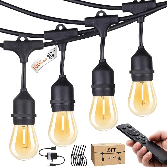 Outdoor String Lights 100FT 64+4 Bulbs(1.5 FT Apart) Remote Patio Lighting | Waterproof IP65 Linkable Outside Lights with Remote Timer&3 Modes for Commercial Backyard Bistro Garden Market Porch Balcony