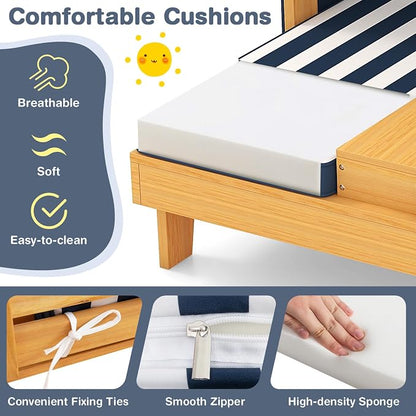 Kids Lounge Chair Outdoor, 2-Seat Toddler Patio Chair with Cushions, Cup Holders, Detachable Canopy, Wooden Double Chaise Lounge for Lawn, Pool, Garden, and Yard (Navy)