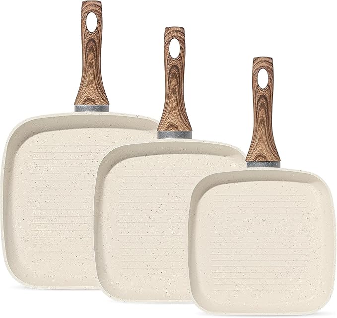 3-Piece Nonstick Grill Pan Set, Square Griddle Pans with Wooden Handle, Compatible with All Stovetops, Ideal for Steak, BBQ & Vegetables, 9.5", 10.2", 11", White