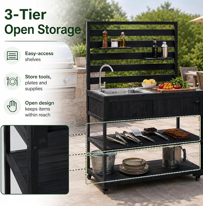 Patio Rolling Kitchen Island with Sink, 41.7 Inch Outdoor BBQ Cart | Solid fir wood frame, stainless steel top and sink, patio BBQ prep, 4 lockable wheels, 2 movable shelves, 41.7 x 16.6 x 65 in