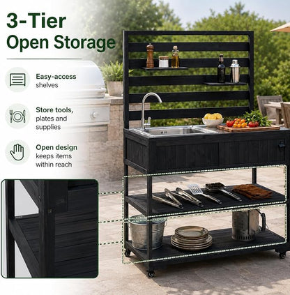 Patio Rolling Kitchen Island with Sink, 41.7 Inch Outdoor BBQ Cart | Solid fir wood frame, stainless steel top and sink, patio BBQ prep, 4 lockable wheels, 2 movable shelves, 41.7 x 16.6 x 65 in