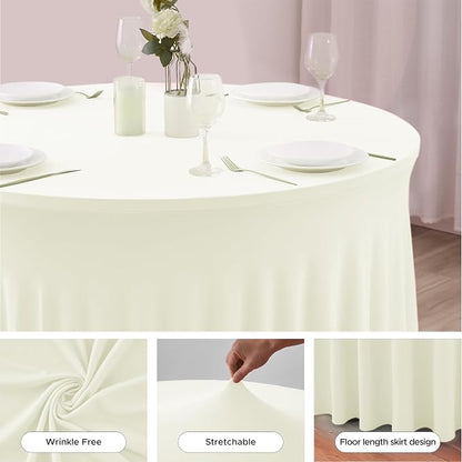 Fitted Beige Spandex Table Skirts for Wedding Party,60 Inch Round,6 Pack | Spandex Table Covers, For 5 Ft Wedding Cake Tables, Wrinkle Resistant, Ruffle Design Banquets, Baby Showers, Parties