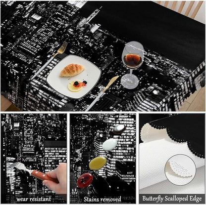 Swono New York City Skyline 52"X70" Oblong Table Cloth Urban Night Black Wrinkle Free Table Cover Farmhouse Tablecloth for Home Restaurant Picnic Indoor Outdoor Dining