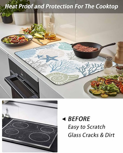 Stove Top Covers for Electric Stove 31x24 Inches, Coastal Coral HeatResistant Glass Cooktop Protector, Blue Nautical Starfish Ocean Shell Beach Ceramic Stovetop Countertop Covers Mat, Oven Cover