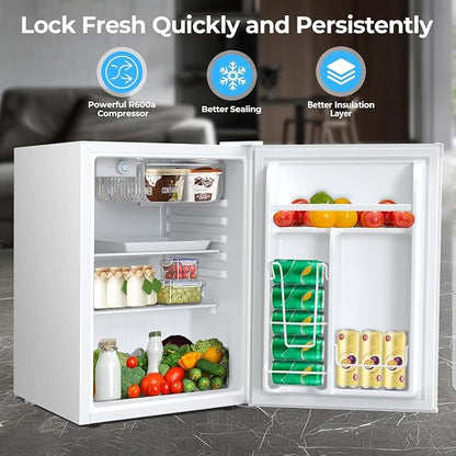 COWSAR 2.6 Cu.Ft Mini Fridge with Freezer, Freestanding Compact Refrigerator with Reversible Door & 7-Speed Thermostat, Small Fridge for Office, Apartment, Gameroom (WHITE)