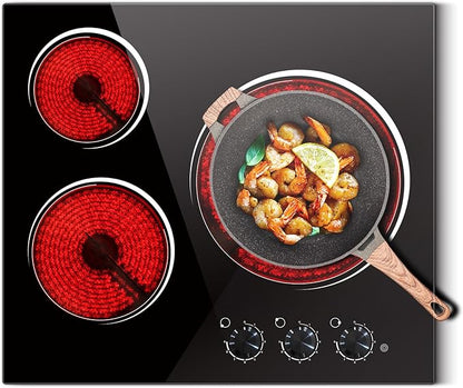 Electric Cooktop 24 Inch - 5700W 3 Burner Electric Stove with Knob Conrol, 220-240V Electrics Stove Top 24'', Built-in, Automatic Shutdown & 9 Heating Levels, Residual Heat Warning, Hard Wire
