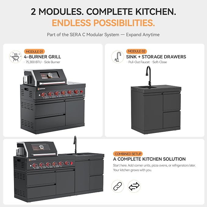 SERA C 4-Burner Propane Outdoor Kitchen Compact Patio Black | Black 304 stainless steel, 75,300 BTU + side burner, pull-out sink with drawers, soft-close, locking caster, balcony backyard