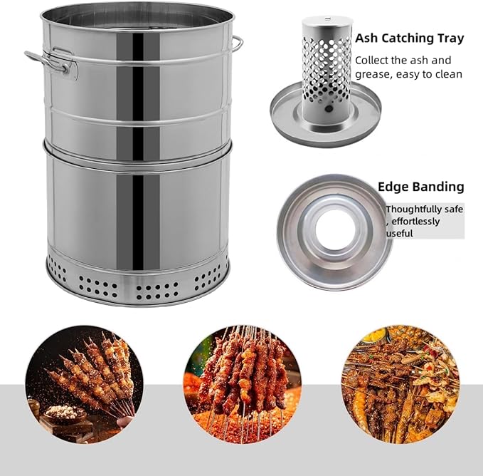 Large Portable Charcoal Grills, Stainless BBQ Grill Barrel, 360° Smokeless Outdoor Barbecue Grill for Travel Camping Grill Outdoor Cooking Picnic Patio Backyard (50 Skewers)