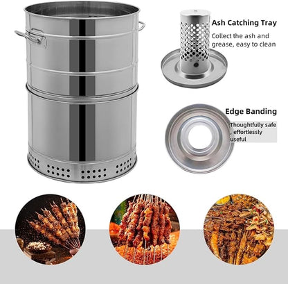 Large Portable Charcoal Grills, Stainless BBQ Grill Barrel, 360° Smokeless Outdoor Barbecue Grill for Travel Camping Grill Outdoor Cooking Picnic Patio Backyard (50 Skewers)