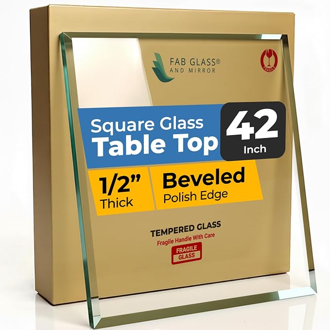 Tempered Glass Table Top 42 Inch Square Beveled Edge Clear Surface 1/2 Inch Thick for Home Office or Outdoor Furniture by Fab Glass and Mirror
