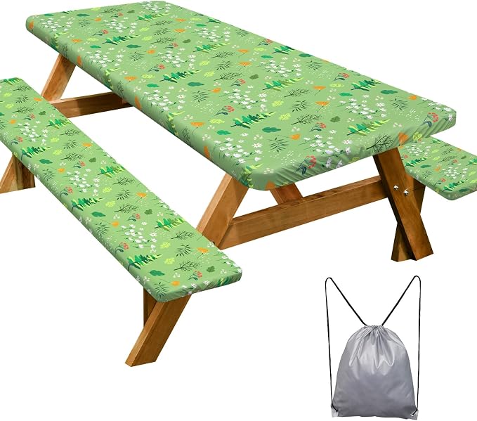 Picnic Table Cover Bench Covers Camping Essentials Tablecloth | Waterproof Vinyl for Outdoor, Windproof Elastic Fitted Edges, RV BBQ Accessories Must Haves, Storage Bag Included