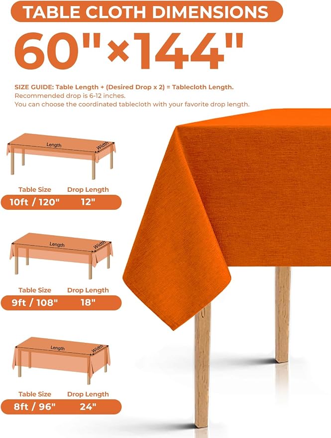 Decorelia Waterproof Wipe Clean Table Cloth for 10ft Banquet Rectangle Table, Outdoor Spillproof Wrinkle Free Tablecloth for Thanksgiving, Christmas, Easter (Oblong, 60 x 144 Inch (12-14 Seats), Rust)