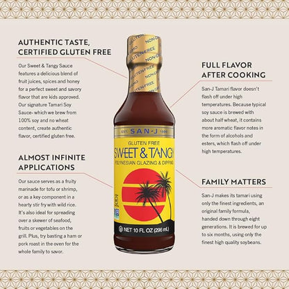 San-J Sweet and Tangy Gluten Free Sauce - Glaze Sauce, Polynesian Sauce, Perfect for Spring Roll Sauce, Polynesian Sauce Chicken, Non-GMO, Kosher - 10 Oz, 6-Pack
