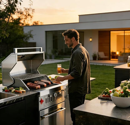 Stainless Steel Built In Grill, Large Charcoal BBQ Grills with Liftable Tray, Visible Insulated Hood & Temp Gauge, 459SQ In Cooking Grid Area for Outdoor Kitchen Cooking Family Parties (Silver)