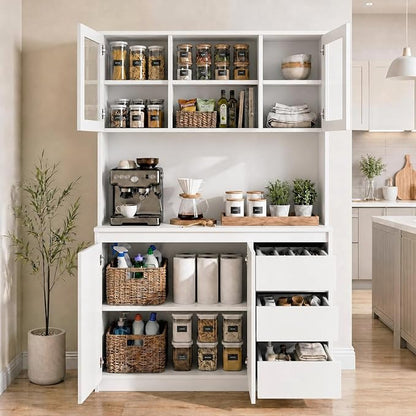 71" Kitchen Pantry Cabinet,Tall Storage Cabinet with Charging Station | Kitchen Storage Hutch with Microwave Shelf,Coffee Bar,Led Lights & Shelves Adjustable,Corner Pantry Cabinet for Living Room