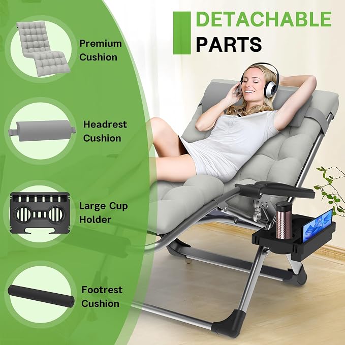 ZENPETIO Oversized Zero Gravity Chair, 33In XXL 500LBS with Cushion | Anti Gravity Recliner Lounge Chair with Aluminum Alloy Lock & Footrest, 90-170° Adjustable, for Lawn Patio Indoor Outdoor