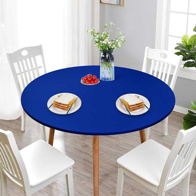 NEWISHER Round Fitted Table Cover Spandex Stretch Tablecloth 60 inch | Elastic Edged Table Cloth, Blue Table Top Cover, Washable Tablecloth for Dining Picnic Patio