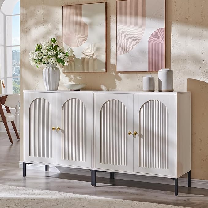 IFGET Modern Buffet Cabinet with Storage, 61.75" W Fluted Arched Sideboard Cabinet w/Adjustable Shelves, Wooden Modular Coffee Bar for Dining Room, Kitchen, Living Room, Entryway, White