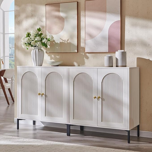 IFBUY Modern Sideboard Buffet Cabinet, 61.75" W Fluted Arched Buffet Cabinet with Storage and Adjustable Shelves, Wooden Modular Coffee Bar Cabinets for Kitchen, entryway, White.