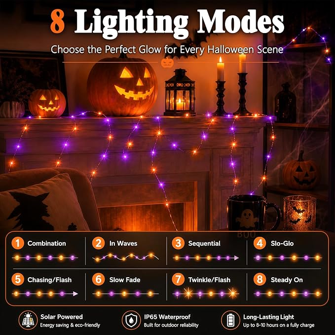cshare Halloween Solar String Lights Outdoor, Orange Purple Solar Fairy Lights 2 Pack 16.4FT 50 LED Each, 8 Modes Waterproof Black Wire Fairy Lights for Yard Porch Fence Tree Bushes Decor
