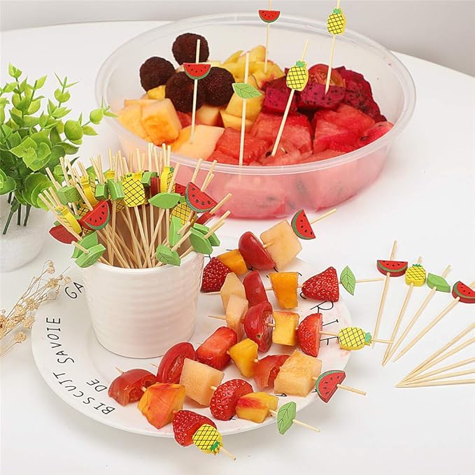 Minisland Mix-colored Watermelon Pineapple Leaf Cocktail Picks, 4.7 Inch Long Bamboo Fancy Toothpicks for Appetizers, Decorative Hawaiian Party Food Drinks Fruit Skewer Sticks 100 Counts - MSL115