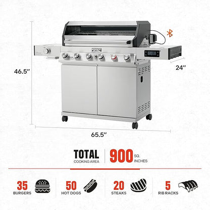 Monument Grills 6+1 Burner Smart Tech Propane Gas Grill, Denali 605Pro Stainless Steel Grill 78,000 BTU Outdoor Patio Yard Barbecue Grill with Side Sear Burner, Smoker Box, Cover and Rotisserie Kit