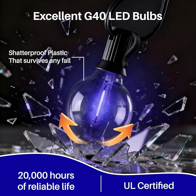 50 FT Blue Outdoor String Lights G40 Globe Shatterproof Patio Lights,26 Plastic Edison Bulbs(2 Spare) IP65 Waterproof Dimmable LED Bulbs for Backyard Porch Balcony Party Decor, E12 Base