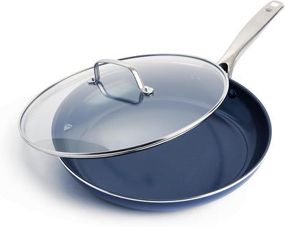 Blue Diamond 12" Diamond Ceramic Nonstick Frying Pan Skillet with Lid, Blue | PFAS-Free Ceramic Nonstick, Dishwasher & Oven Safe, Stay Cool Handle, Durable Metal Utensil Safe, Egg & Omelet Pan