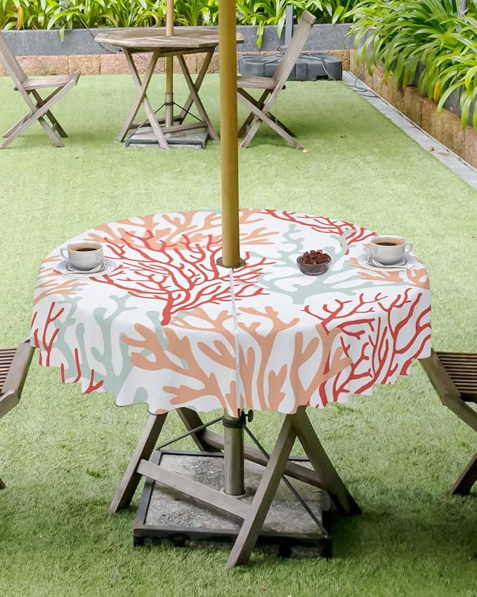 Red Orange Grey Coral Coastal Outdoor Tablecloth - 60 Inch Round Waterproof Dining Table Cover, Summer Beach Seaside Nautical Outdoor Table Cloth with Umbrella Hole & Zipper for Patio