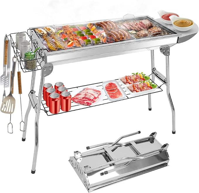 TeqHome Portable Charcoal Grill, Large Stainless Steel Folding BBQ Grill, Foldable Barbecue Grill with Storage Shelf for Camping BBQ Garden Backyard Party Picnic Outdoor Cooking Kabob, 39x13.4x28 inch