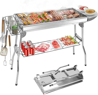 TeqHome Portable Charcoal Grill, Large Stainless Steel Folding BBQ Grill, Foldable Barbecue Grill with Storage Shelf for Camping BBQ Garden Backyard Party Picnic Outdoor Cooking Kabob, 39x13.4x28 inch