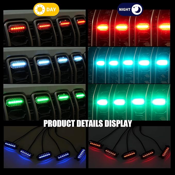 RGB LED Grille Lights Compatible with 2024-2025 Jeep Wrangler JL JLU JT,5PCS 16 Color-Changing OEM Grill Lights with APP Control Adjustable Atmosphere,Music Sync,IP68 Waterproof