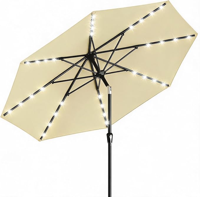 GarveeLife Patio Umbrella with Lights, 8 Ribs Outdoor Market Table Umbrella for Pool, Deck, Backyard (Beige, 9 ft)