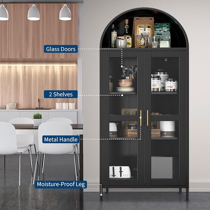 PioneerWorks 73" Arched Metal Storage Cabinet with Glass Door | 2 Adjustable Shelves | Arch-Top Storage Unit for Pantry, Living & Dining Rooms - Dark Black with Legs