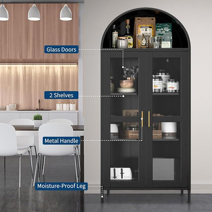 PioneerWorks 73" Arched Metal Storage Cabinet with Glass Door | 2 Adjustable Shelves | Arch-Top Storage Unit for Pantry, Living & Dining Rooms - Dark Black with Legs