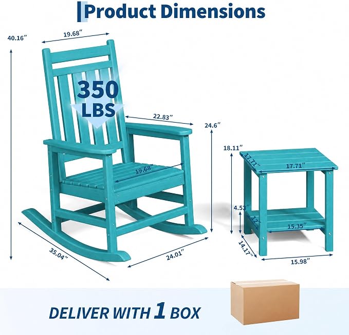 HDPE Rocking Chair Outdoor Set of 2 with Side Table - Poly High Back Porch Rocker Chairs for Adults - All Weather Resistant Furniture for Patio Front Porch - Lake Blue